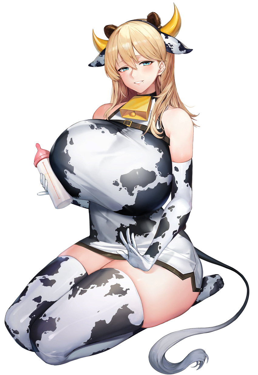 1girl, alternate_hairstyle, animal_ears, animal_print, baby_bottle, bangs, bear_ears, bell