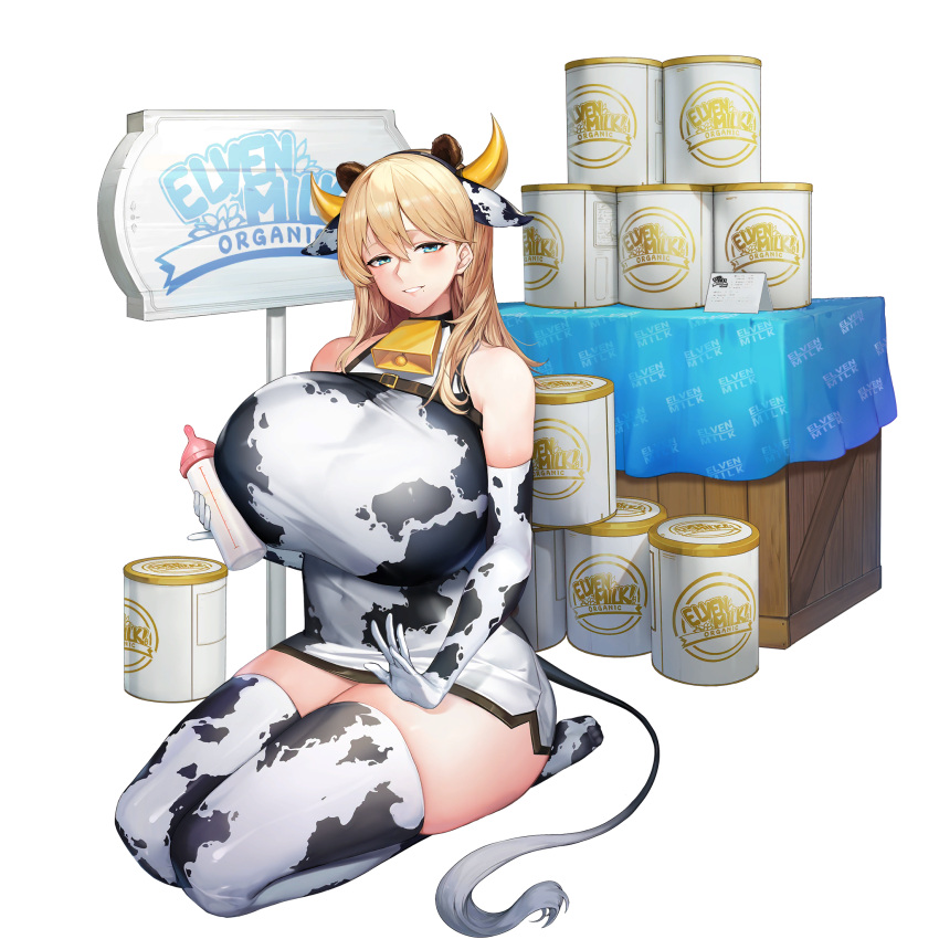 1girl, alternate_hairstyle, animal_ears, animal_print, baby_bottle, bangs, bear_ears, bell, blue_eyes, bottle, breast_strap, breasts, cow_ears, cow_print, cow_tail, cowbell, dress, elbow_gloves, english_text, extra_ears, frigga_(last_origin), full_body, gigantic_breasts, gloves, grin, hair_between_eyes, hair_down, highres, jam_(nandade), lap_pillow_invitation, last_origin, mole, mole_under_mouth, neck_bell, official_art, seiza, short_dress, side_slit, signpost, sitting, smile, solo, tachi-e, tail, thigh-highs, transparent_background