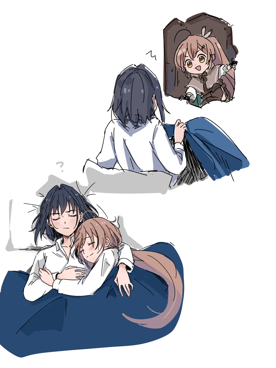 2girls, ahoge, bangs, bed_sheet, belt, blue_hair, blush, boots