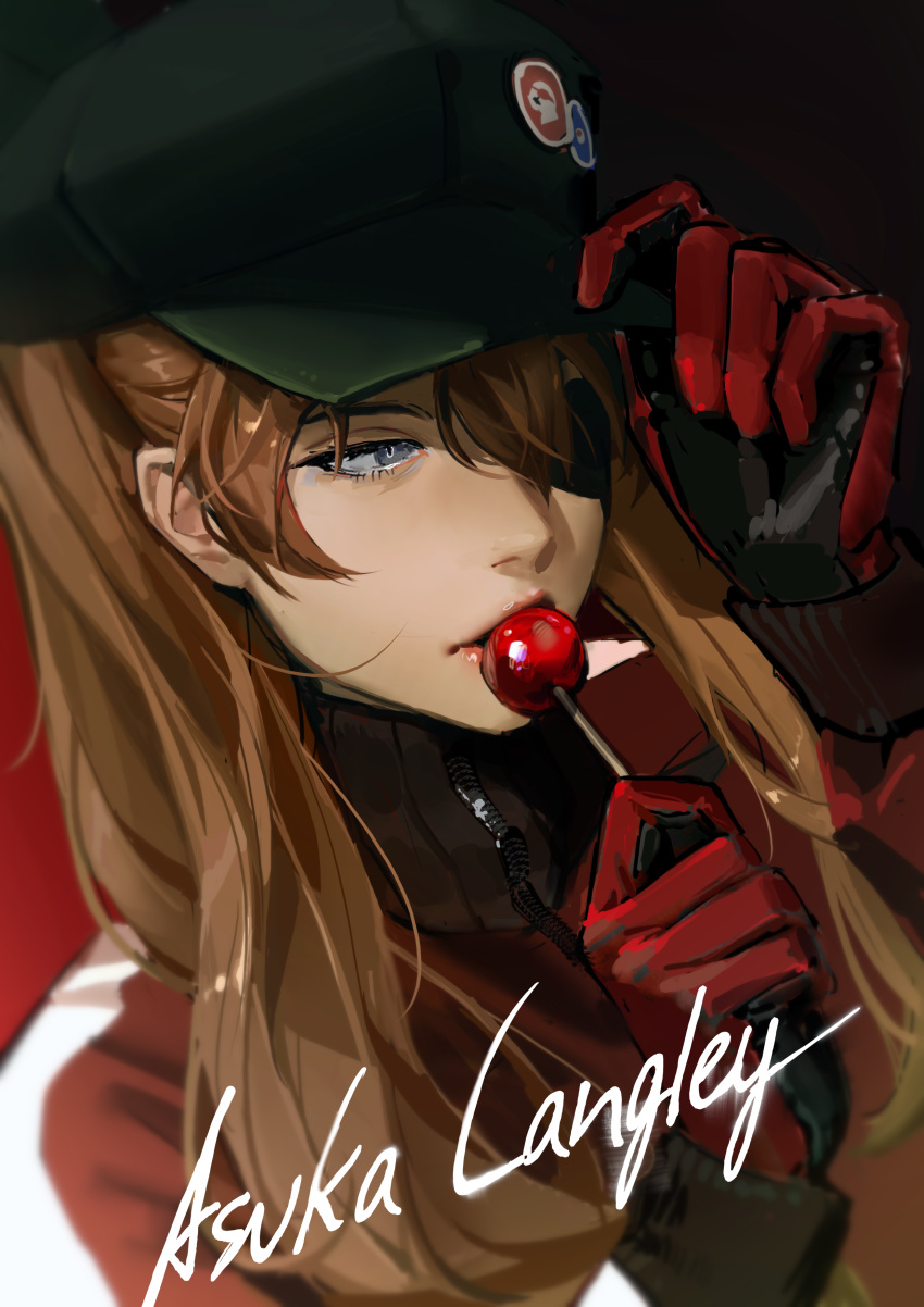 1girl, absurdres, bangs, blue_eyes, bodysuit, brown_hair, candy, character_name