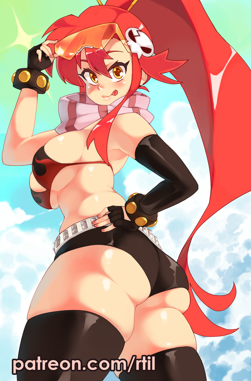 1girl, :p, absurdres, ass, asymmetrical_gloves, bangs, bare_shoulders, belt, bikini, bikini_top_only, black_gloves, black_legwear, black_shorts, blue_sky, breasts, clouds, commentary, elbow_gloves, eyewear_lift, fingerless_gloves, flame_print, gloves, hair_between_eyes, hair_ornament, hand_on_hip, highres, large_breasts, long_hair, looking_at_viewer, micro_shorts, mismatched_gloves, orange-tinted_eyewear, ponytail, print_bikini, redhead, rtil, shorts, single_elbow_glove, skindentation, skull_hair_ornament, sky, smile, solo, studded_belt, sunglasses, swimsuit, tengen_toppa_gurren_lagann, thick_thighs, thigh-highs, thighs, tinted_eyewear, tongue, tongue_out, very_long_hair, yellow_eyes, yoko_littner
