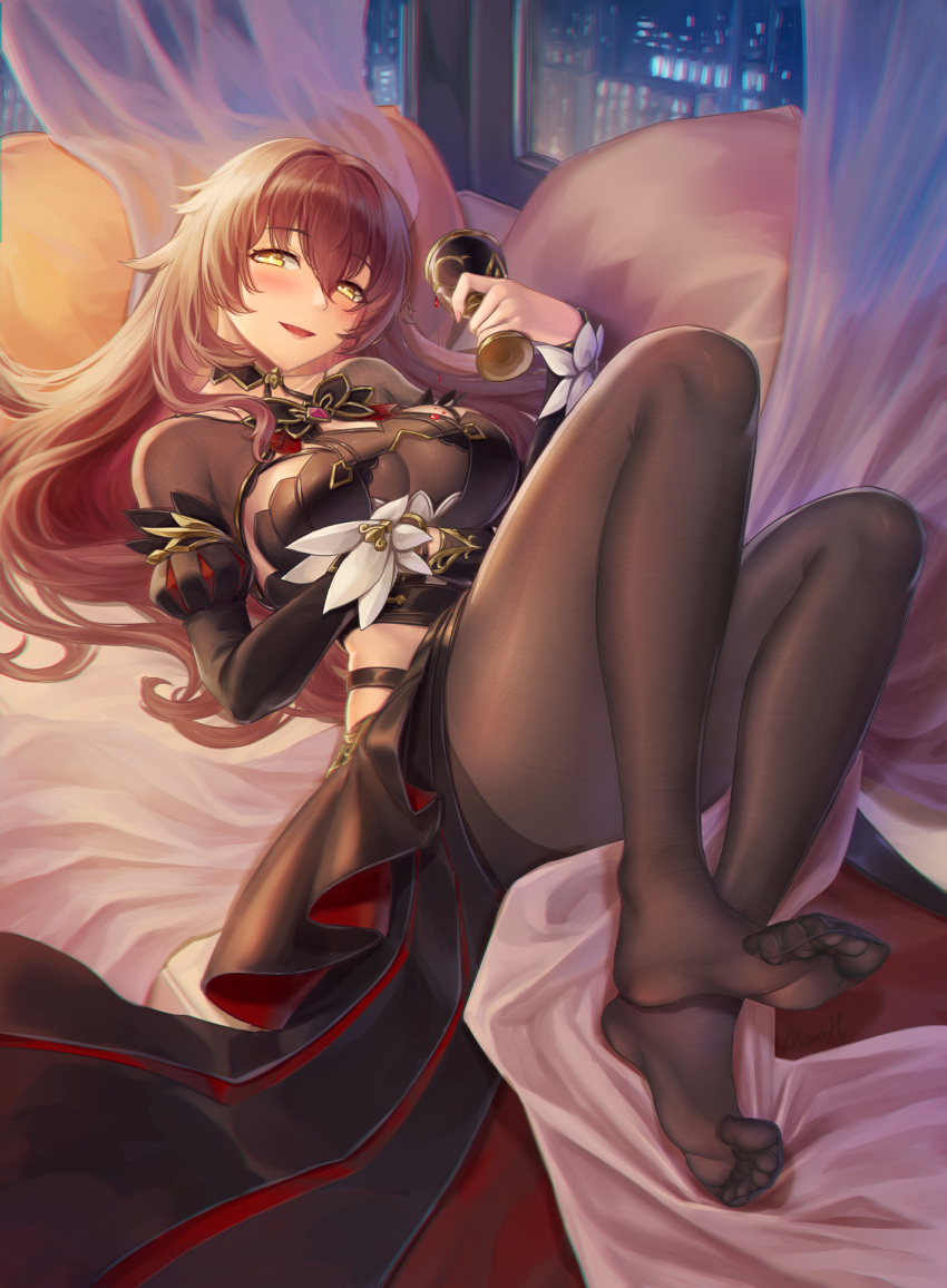 1girl, alcohol, bed, black_dress, black_legwear, brown_hair, cup, dress