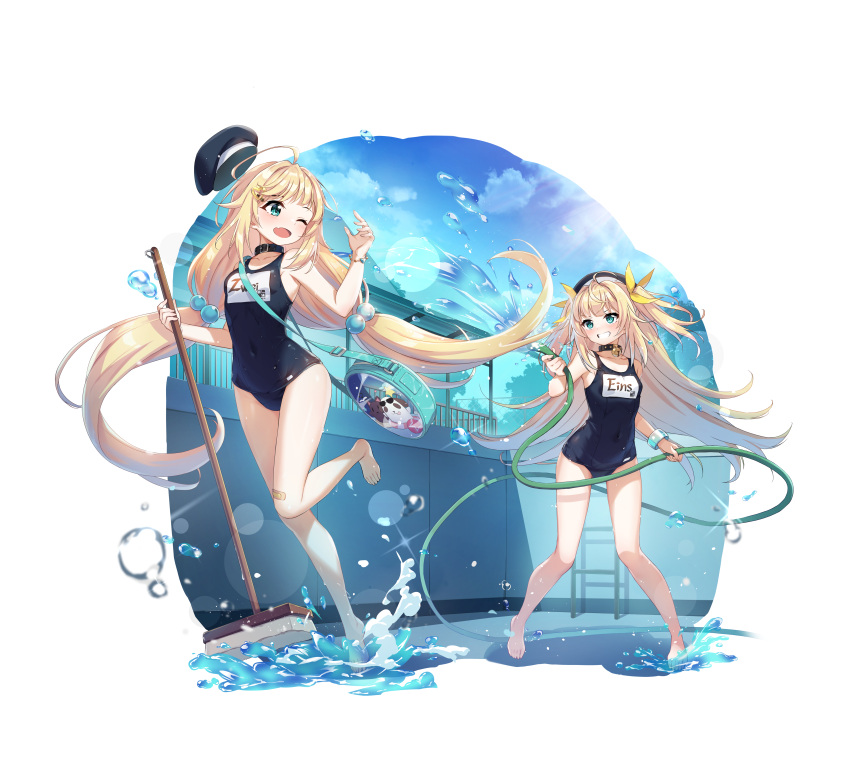 2girls, absurdres, ahoge, artist_request, bag, bandaid, bandaid_on_leg, bare_legs