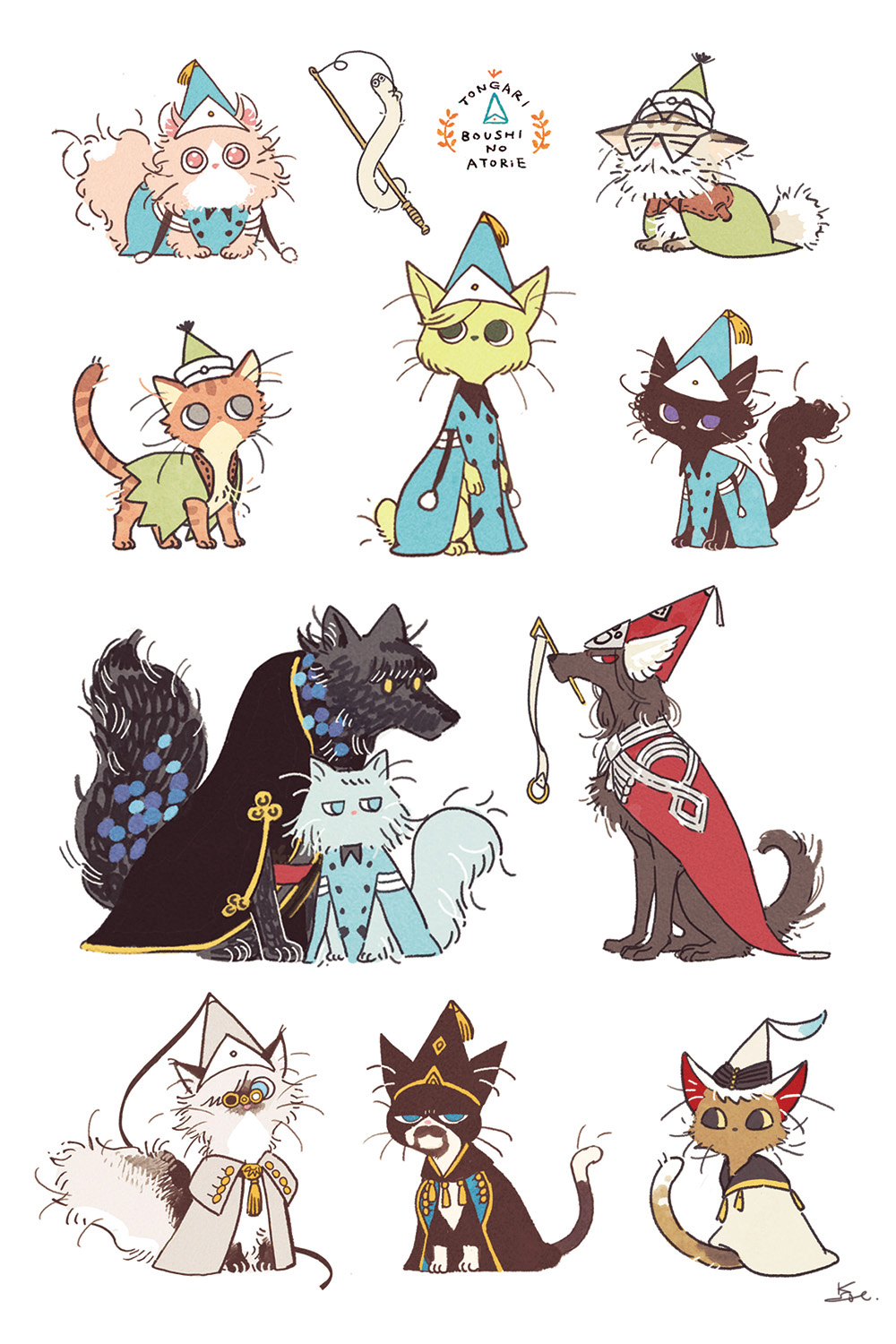 agate_(tongari_boushi_no_atelier), alaira_(tongari_boushi_no_atelier), aqua_headwear, blue_eyes, brushbug, cat, cat_day, cloak