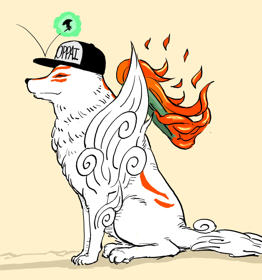 1boy, absurdres, amaterasu_(ookami), animal, baseball_cap, bb_(baalbuddy), closed_eyes, closed_mouth