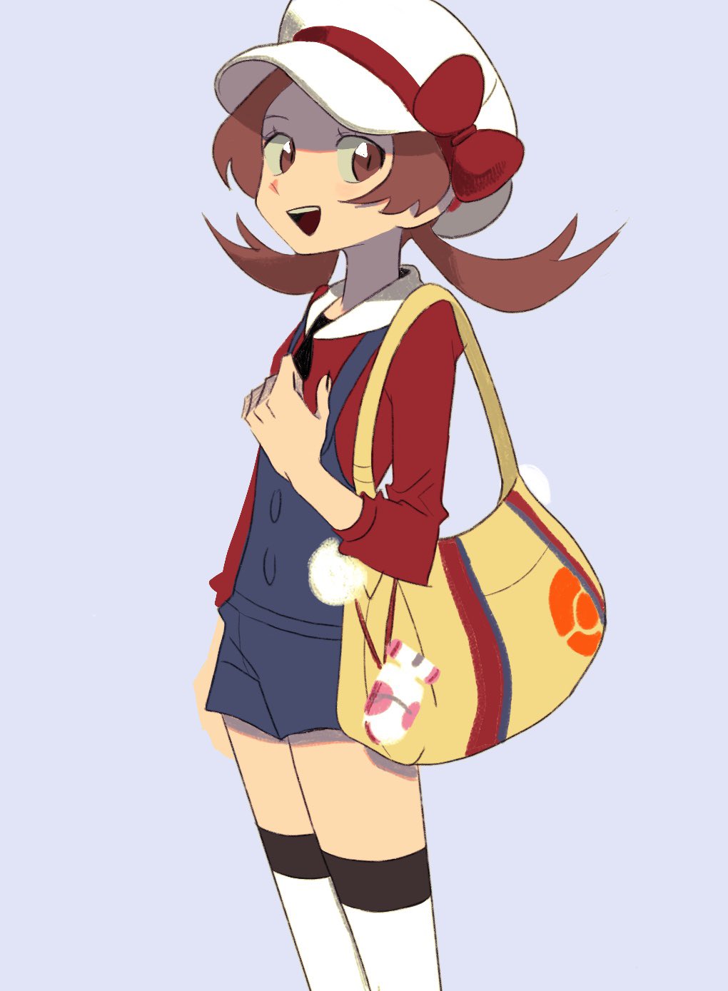 1girl, :d, blue_overalls, bow, brown_eyes, brown_hair, cabbie_hat, commentary_request