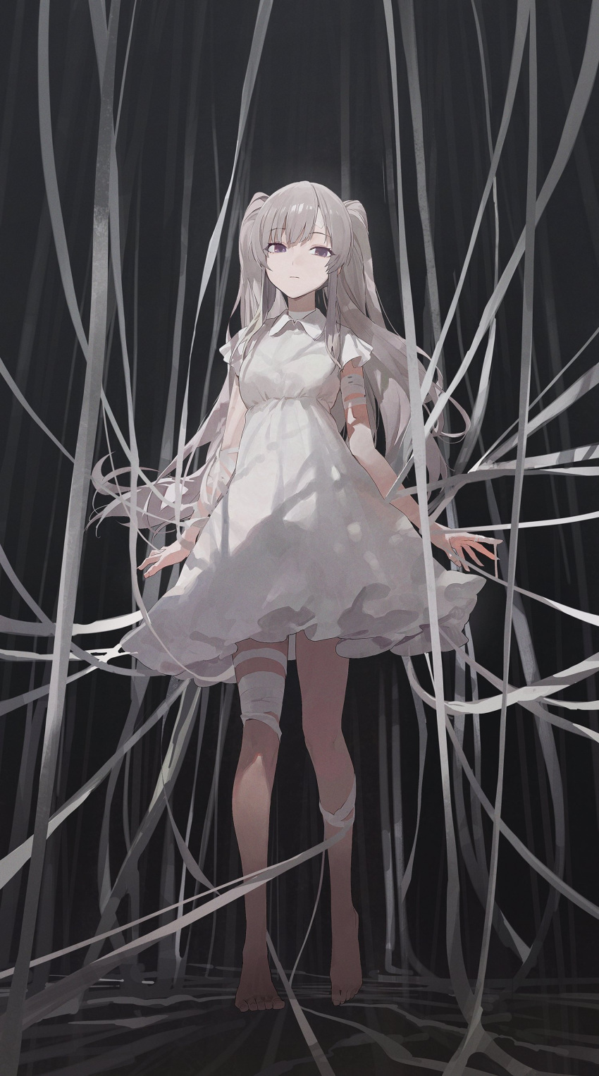 1girl, absurdres, bandaged_arm, bandaged_leg, bandages, bangs, barefoot, closed_mouth