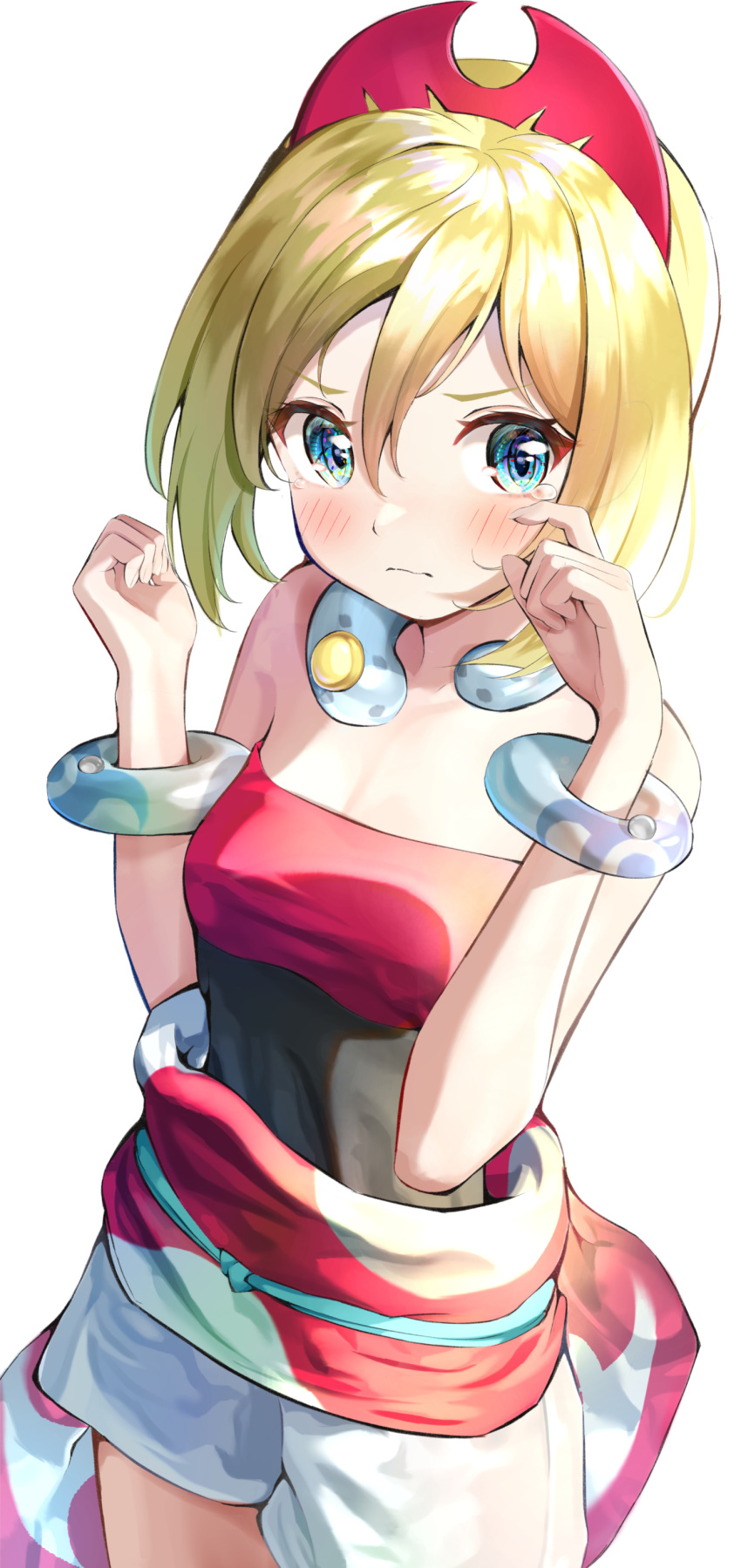 1girl, absurdres, bangs, blonde_hair, blue_eyes, blush, bracelet, closed_mouth, collar, commentary_request, cowboy_shot, eyelashes, hair_between_eyes, hairband, hands_up, highres, irida_(pokemon), jewelry, orodji_(shinorozi), pokemon, pokemon_(game), pokemon_legends:_arceus, red_hairband, red_shirt, sash, shirt, short_hair, shorts, solo, strapless, strapless_shirt, waist_cape, white_background, white_shorts