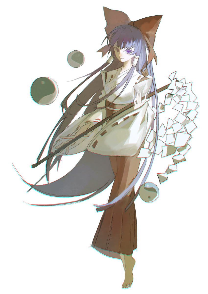 1girl, absurdres, barefoot, bow, closed_mouth, commentary, eyebrows_visible_through_hair, full_body