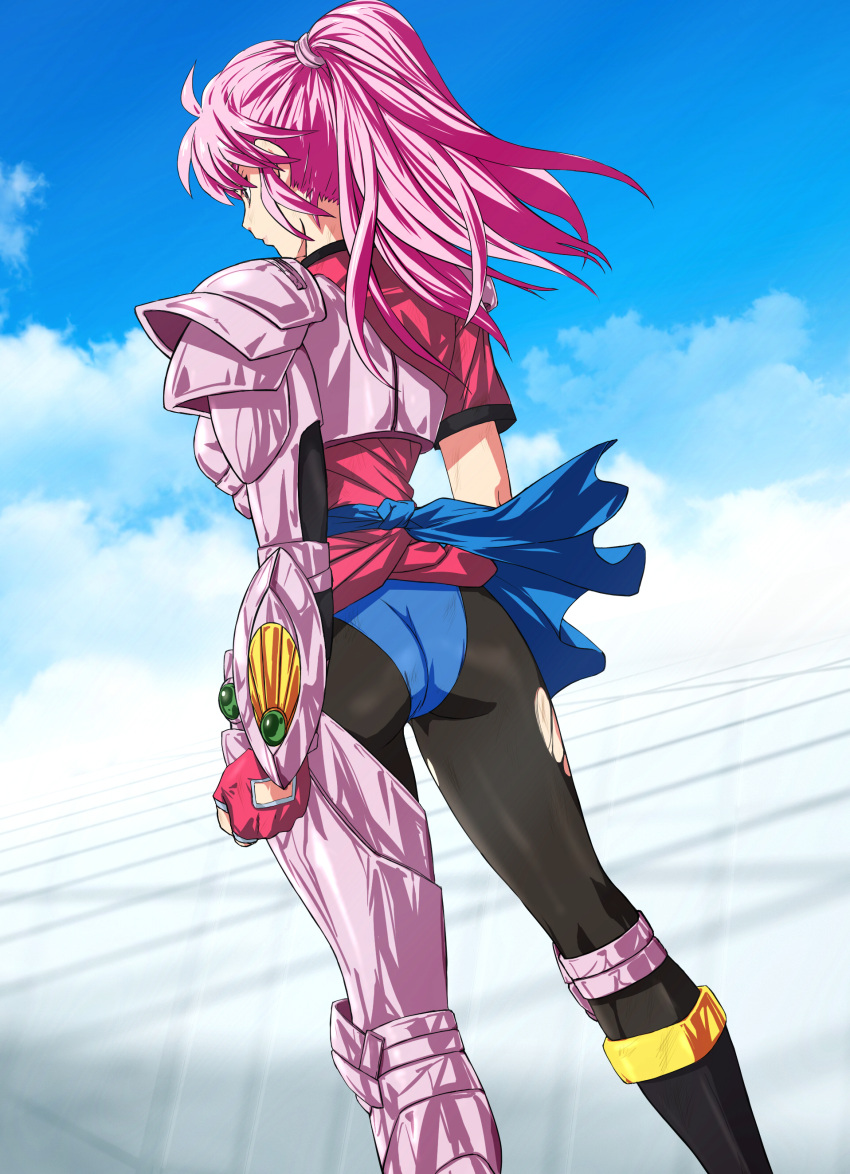 1girl, absurdres, ahoge, armor, ass, asymmetrical_armor, auge_(akd), bangs