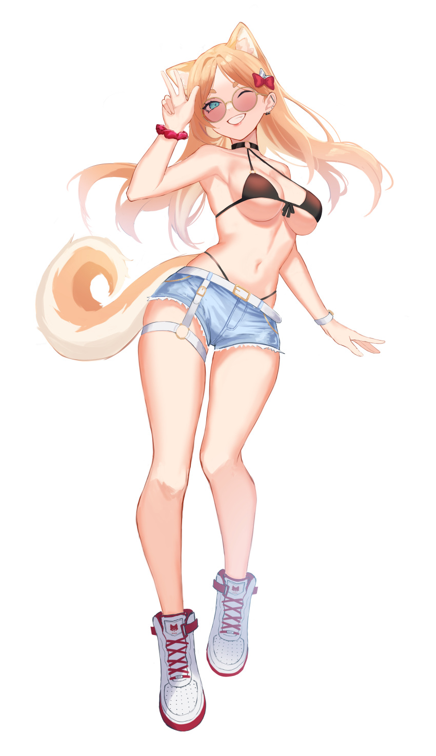 1girl, absurdres, animal_ears, aqua_eyes, armpits, bare_shoulders, bikini, bikini_top_only