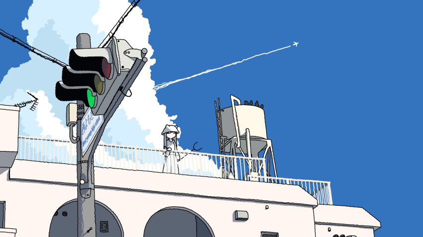 1girl, aerial, aircraft, airplane, bird, building, closed_eyes, clouds