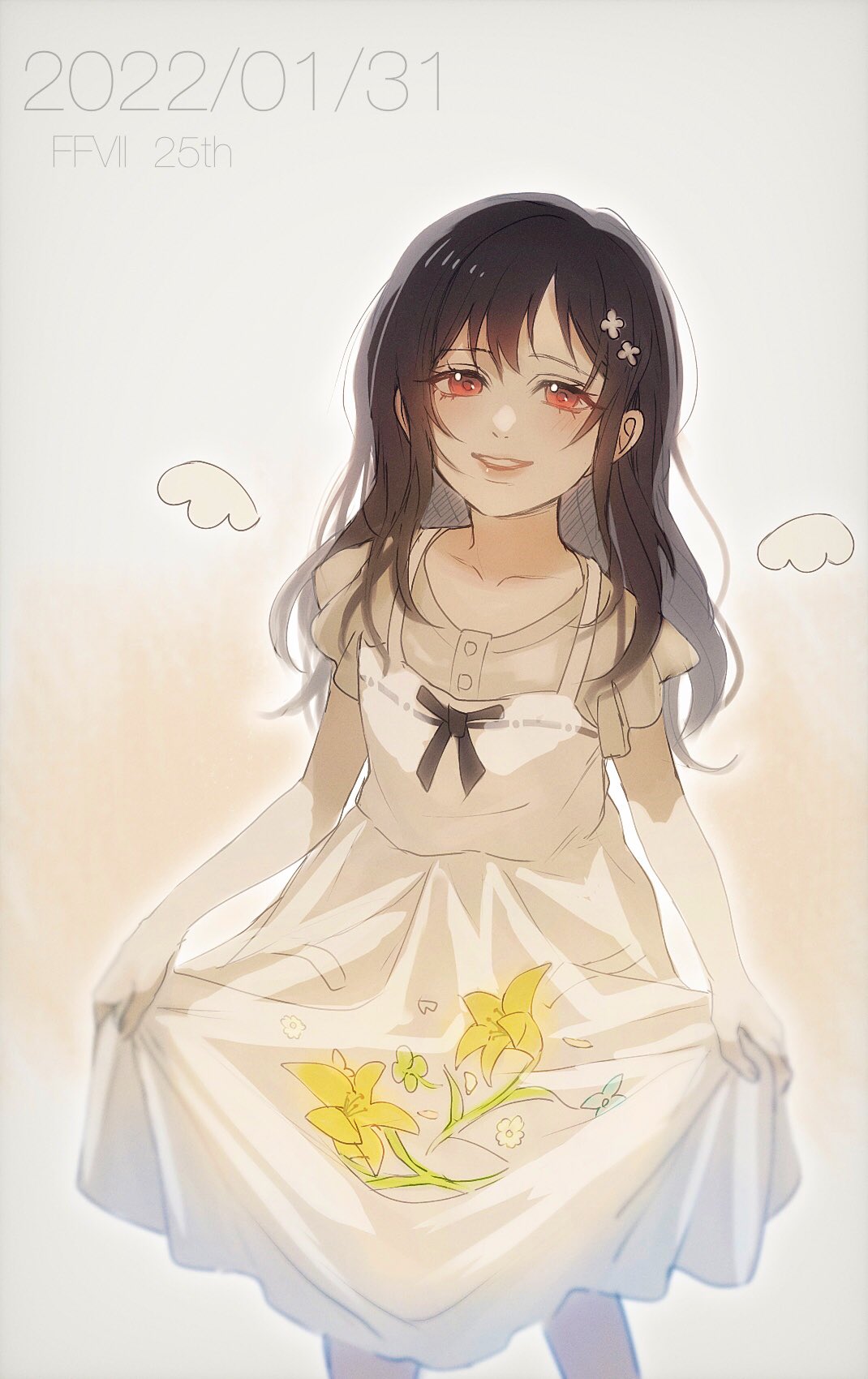 0_ebj, 1girl, black_hair, bow, child, clothes_lift, dress, dress_lift