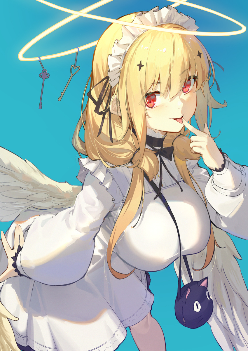 1girl, absurdres, animal_bag, bag, bangs, black_choker, blonde_hair, blue_background