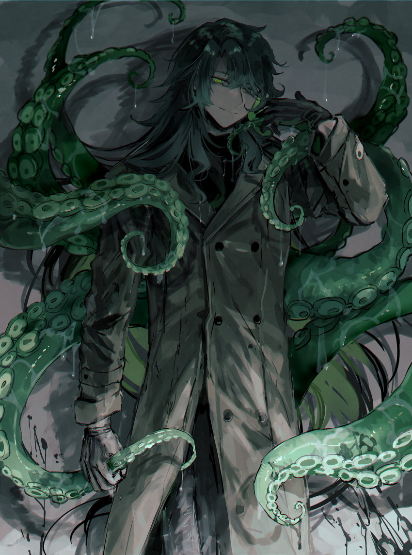 1boy, absurdres, black_blood, black_gloves, black_legwear, black_pants, black_sweater, blood, coat, colored_inner_hair, cowboy_shot, fuji_den_fujiko, full_body, gloves, green_eyes, green_hair, grey_background, hand_up, highres, long_coat, long_hair, looking_at_viewer, male_focus, monster_boy, multicolored_hair, original, pants, shadow, slime_(substance), smile, solo, suction_cups, sweater, tentacles, trench_coat, turtleneck, turtleneck_sweater, very_long_hair