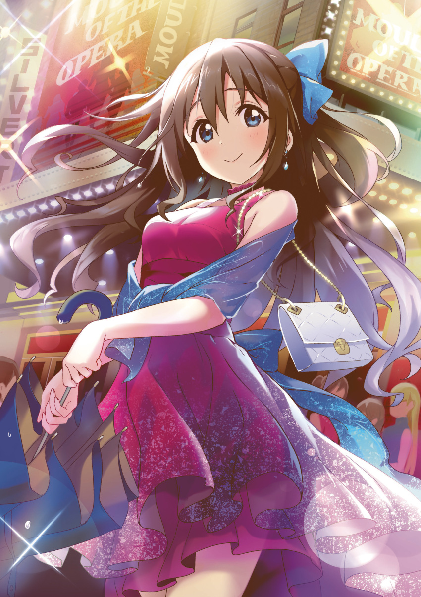 1girl, 4others, absurdres, bag, blue_eyes, blue_shawl, blue_umbrella, bow, brand_name_imitation, broadway, brown_hair, building, cowboy_shot, dengeki_g's, dress, faceless, faceless_female, hair_bow, half_updo, handbag, highres, long_hair, looking_at_viewer, love_live!, love_live!_nijigasaki_high_school_idol_club, love_live!_school_idol_festival, new_york, official_art, osaka_shizuku, purple_dress, real_world_location, shawl, sign, sleeveless, sleeveless_dress, solo_focus, theater, umbrella