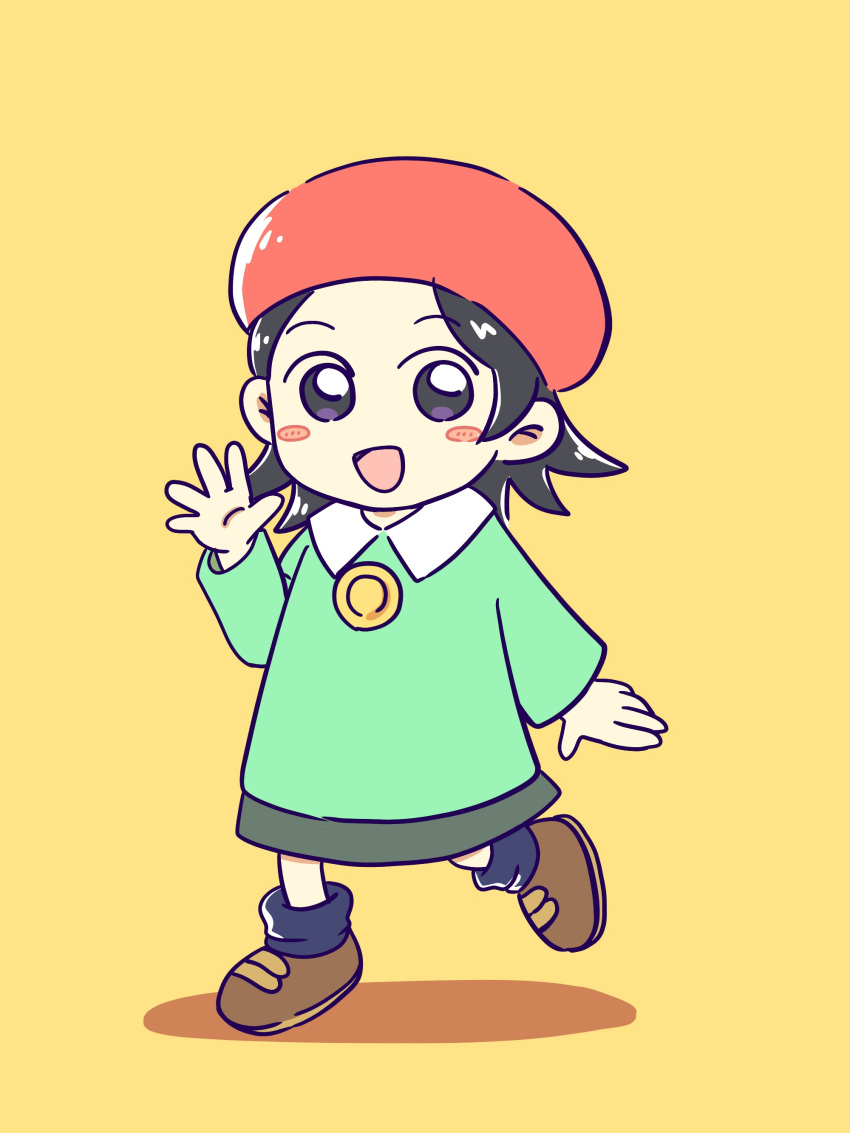 1girl, absurdres, adeleine, beret, black_hair, blue_legwear, blush, blush_stickers