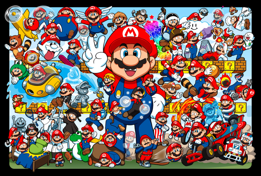 6+boys, aircraft, airplane, american_flag, biplane, black_border, blooper_(mario), blue_eyes