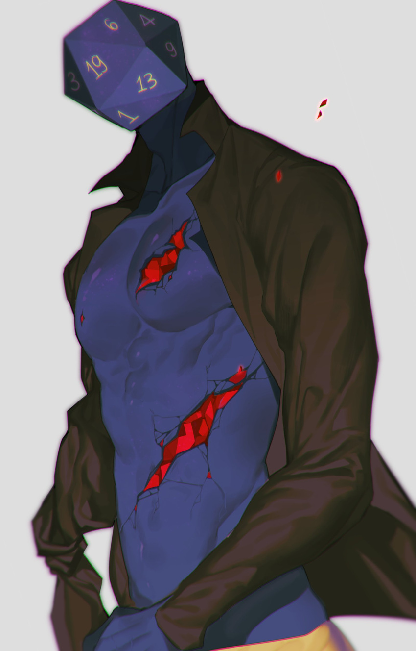 1boy, absurdres, amputee, black_jacket, blue_skin, collared_jacket, colored_skin, crack
