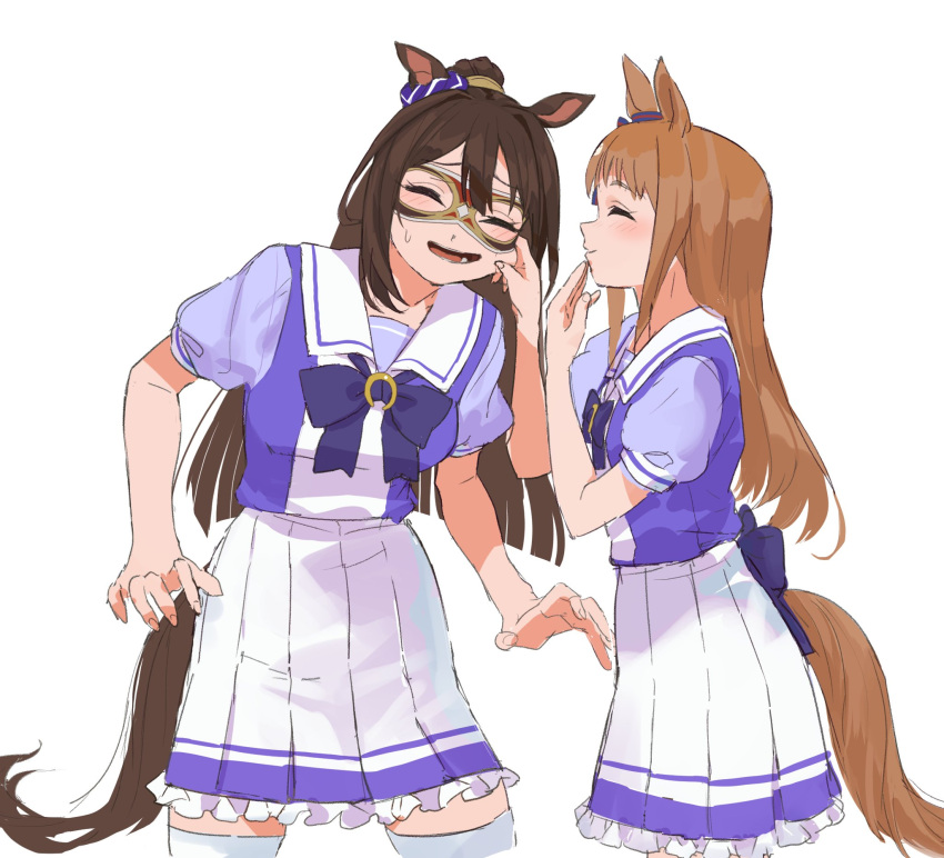2girls, ^_^, animal_ears, bangs, benikirin, blush, breasts, brown_hair