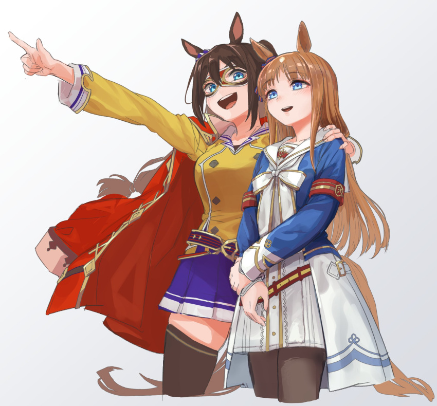 2girls, animal_ears, armband, bangs, belt, benikirin, blue_eyes, breasts