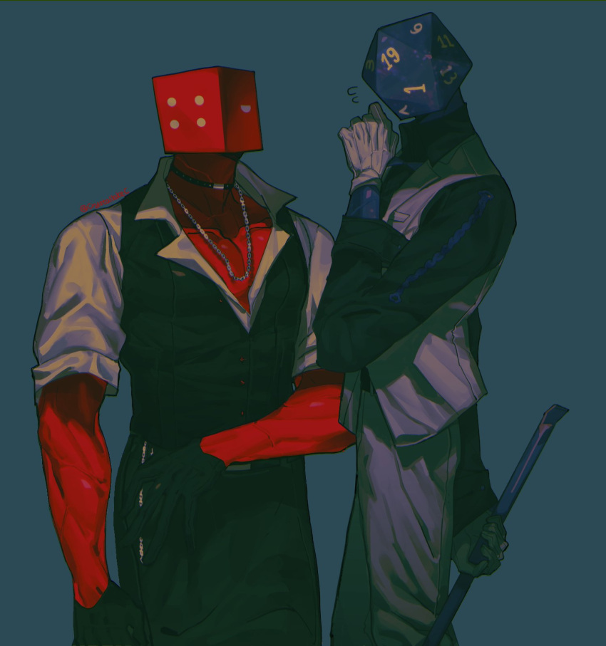 2boys, arm_behind_back, belt_chain, black_choker, black_gloves, black_shirt, black_vest, blue_background
