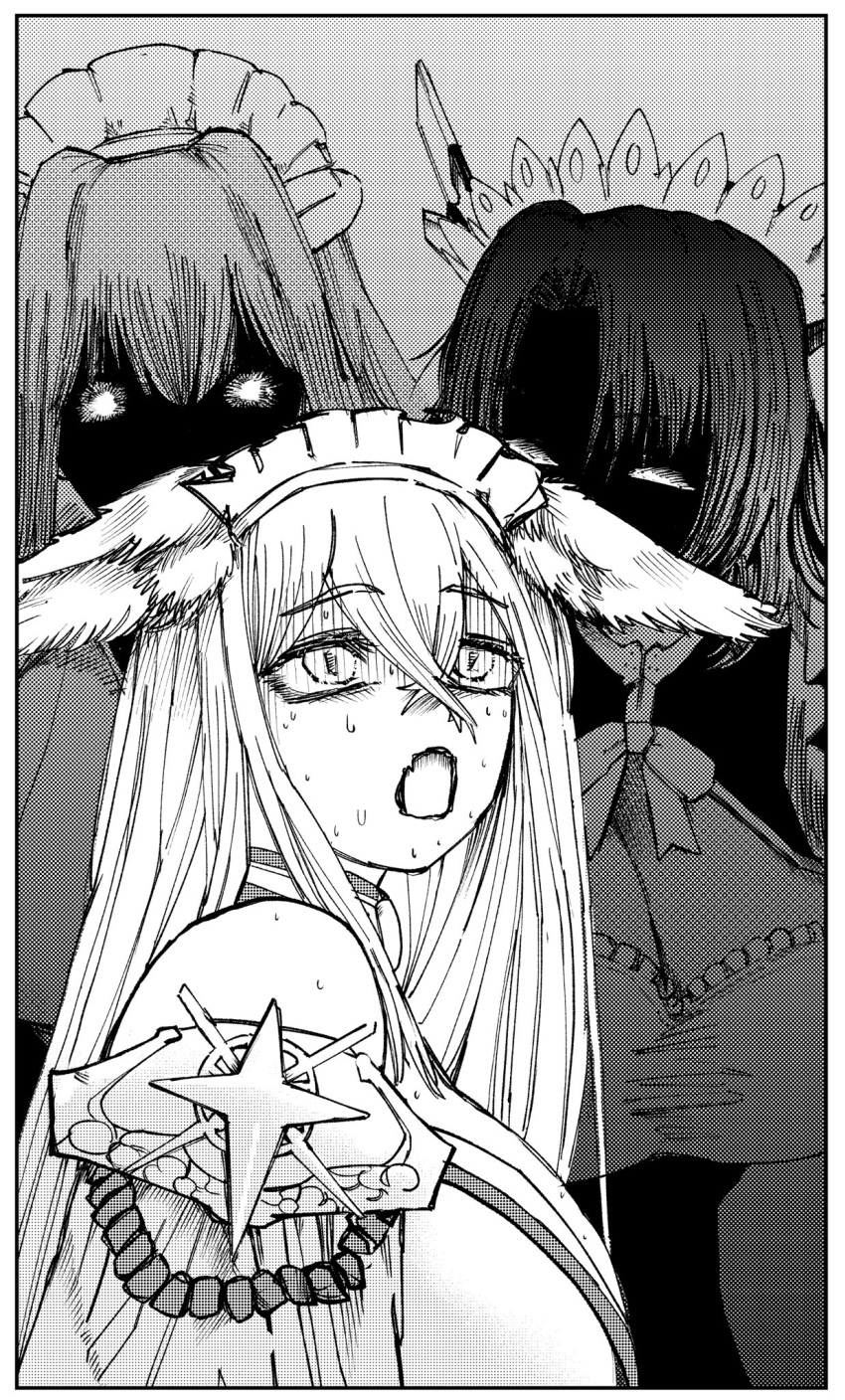 3girls, animal_ear_fluff, animal_ears, bare_shoulders, black_wyrm_(last_origin), border, bunker_buta, eyebrows_visible_through_hair, fang, fox_ears, fox_girl, greyscale, hair_between_eyes, hatching_(texture), highres, hirume_of_heavenly_incense, last_origin, long_hair, maid_headdress, medium_hair, monochrome, multiple_girls, open_mouth, serapias_alice, shaded_face, single_bare_shoulder, skin_fang, sweat, sweating_profusely, upper_body