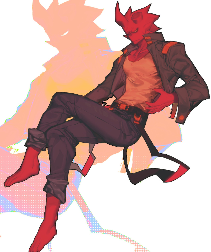1boy, absurdres, barefoot, broken_horn, collared_jacket, colored_skin, cropped_jacket, crossed_legs, crystallakec, demon_boy, denim, fangs, fingernails, full_body, grey_jacket, highres, horns, jacket, jeans, male_focus, monster_boy, no_pupils, original, pants, pants_rolled_up, pectoral_cleavage, pectorals, pointy_ears, red_skin, redhead, sharp_fingernails, sharp_toenails, sitting, skin_fangs, solo, tank_top, toenails, toned, toned_male, white_background, white_tank_top