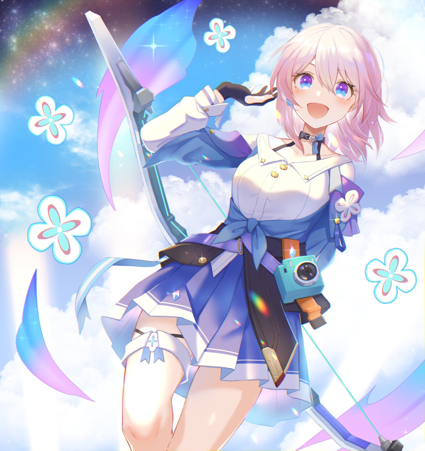1girl, :d, absurdres, bangs, black_gloves, blue_skirt, blue_sky, bow_(weapon)