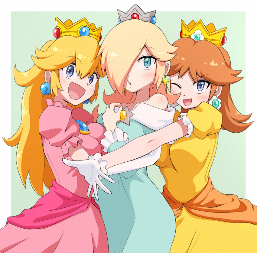 3girls, :d, :o, ;d, aqua_dress, blonde_hair, blue_eyes, brooch