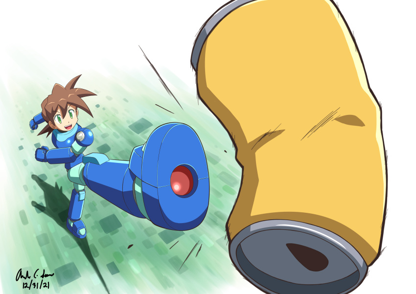 1boy, :d, absurdres, android, artist_name, blue_armor, brown_hair, can