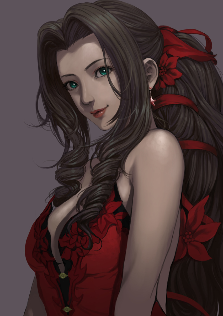 1girl, aerith_gainsborough, backless_dress, backless_outfit, bangs, bare_arms, bare_shoulders, breasts, brown_hair, curly_hair, dress, earrings, final_fantasy, final_fantasy_vii, final_fantasy_vii_remake, flamenco_dress, flower, green_eyes, grey_background, hair_flower, hair_ornament, hair_ribbon, highres, jewelry, lipstick, long_hair, makeup, medium_breasts, parted_bangs, ponytail, portrait, red_dress, ribbon, rungsak_sontayanont, sidelocks, smile, solo, strapless, strapless_dress, upper_body