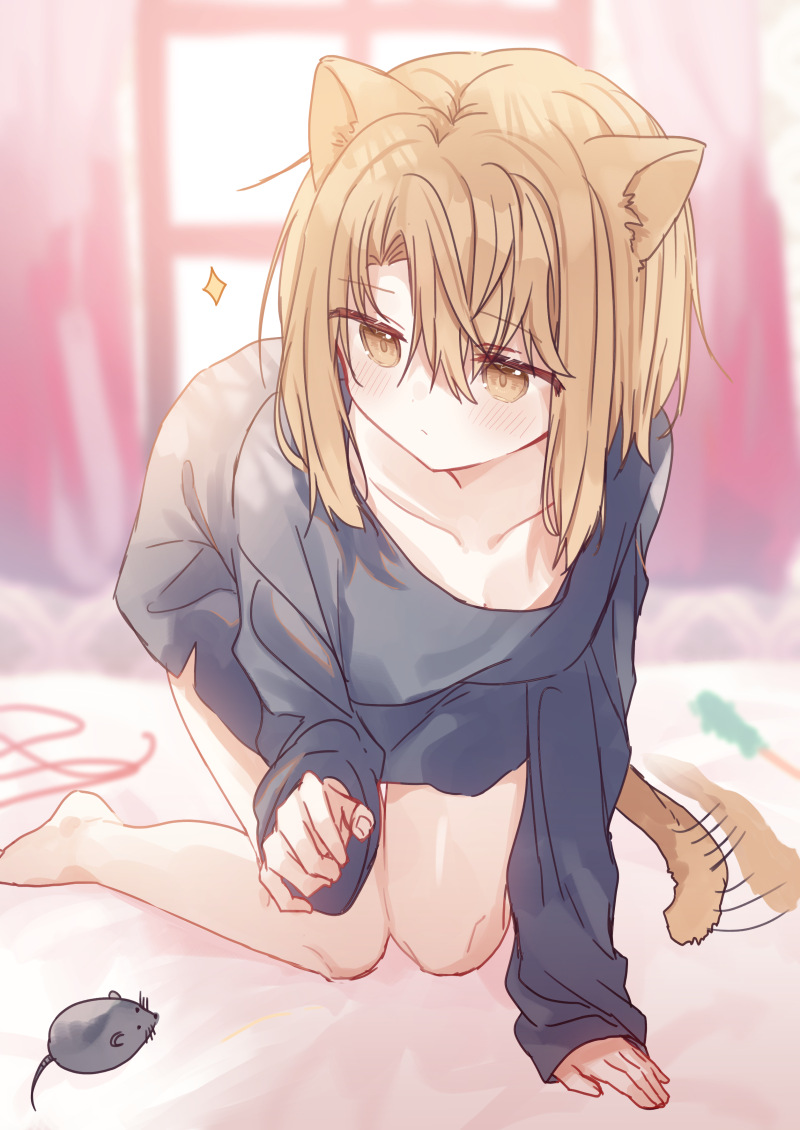 1girl, afterimage, all_fours, animal_ear_fluff, animal_ears, bangs, black_shirt, blurry
