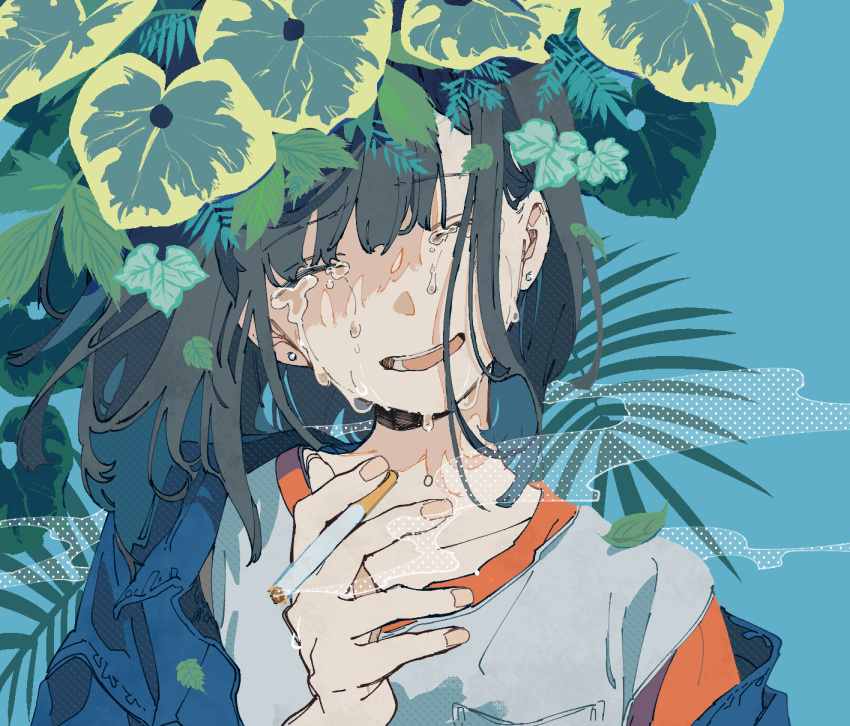1girl, bangs, black_hair, blue_background, blue_jacket, check_commentary, cigarette, closed_eyes