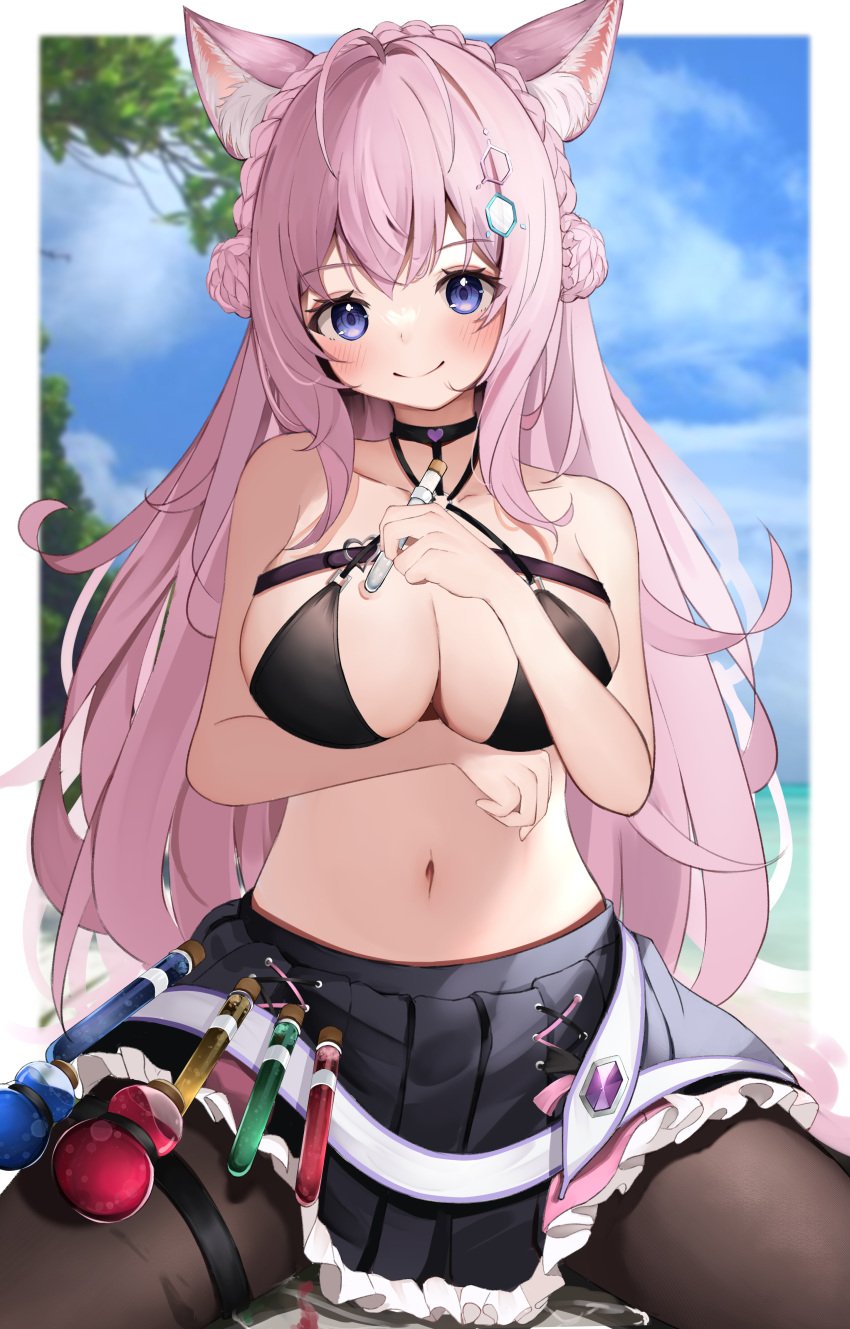 1girl, absurdres, bangs, black_skirt, blush, bra, breasts, eyebrows_visible_through_hair