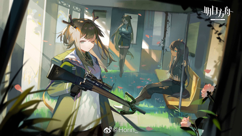 3girls, arknights, brown_hair, brown_legwear, day, firewatch_(arknights), flower, green_eyes, highres, hoirn, meteor_(arknights), meteorite_(arknights), miniskirt, multiple_girls, one_eye_closed, sitting, skirt, standing, sunlight