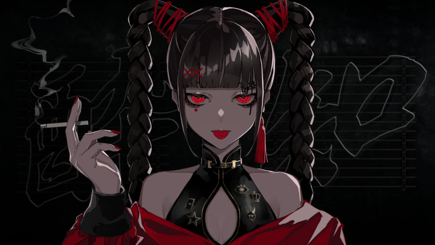 1girl, bangs, bare_shoulders, black_hair, blunt_bangs, braid, breasts, cigarette