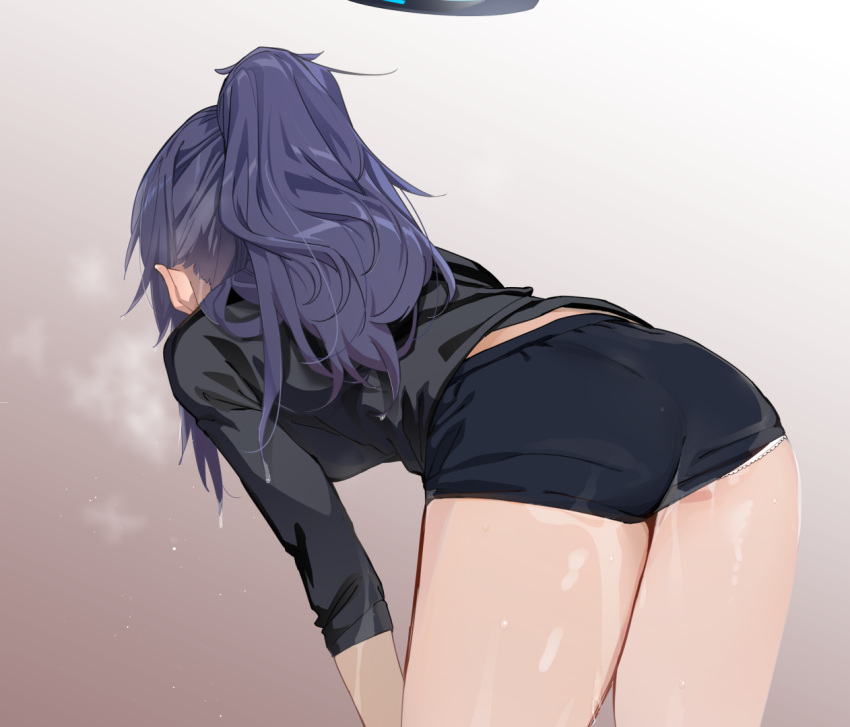 1girl, ass, bent_over, black_shirt, black_shorts, blue_archive, brown_background, commentary_request