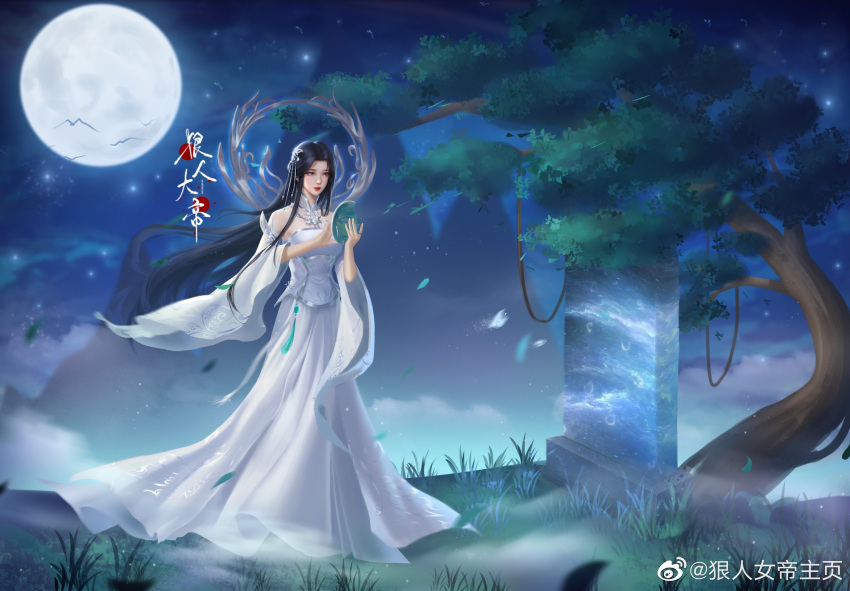 1girl, bird, black_hair, clouds, crying, dress, grass, hair_ornament, hen_ren_nudi_(zhe_tian), hen_ren_nudi_zhuye, highres, long_hair, mask, moon, mountain, sad, sash, solo, standing, tree, white_dress, zhe_tian