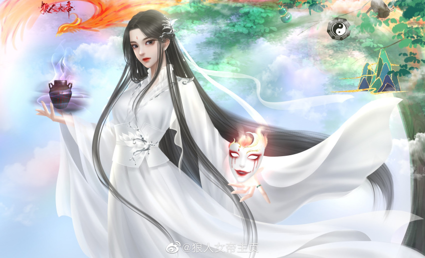 1girl, bird, black_hair, blue_sky, dress, floating, floating_object, glowing