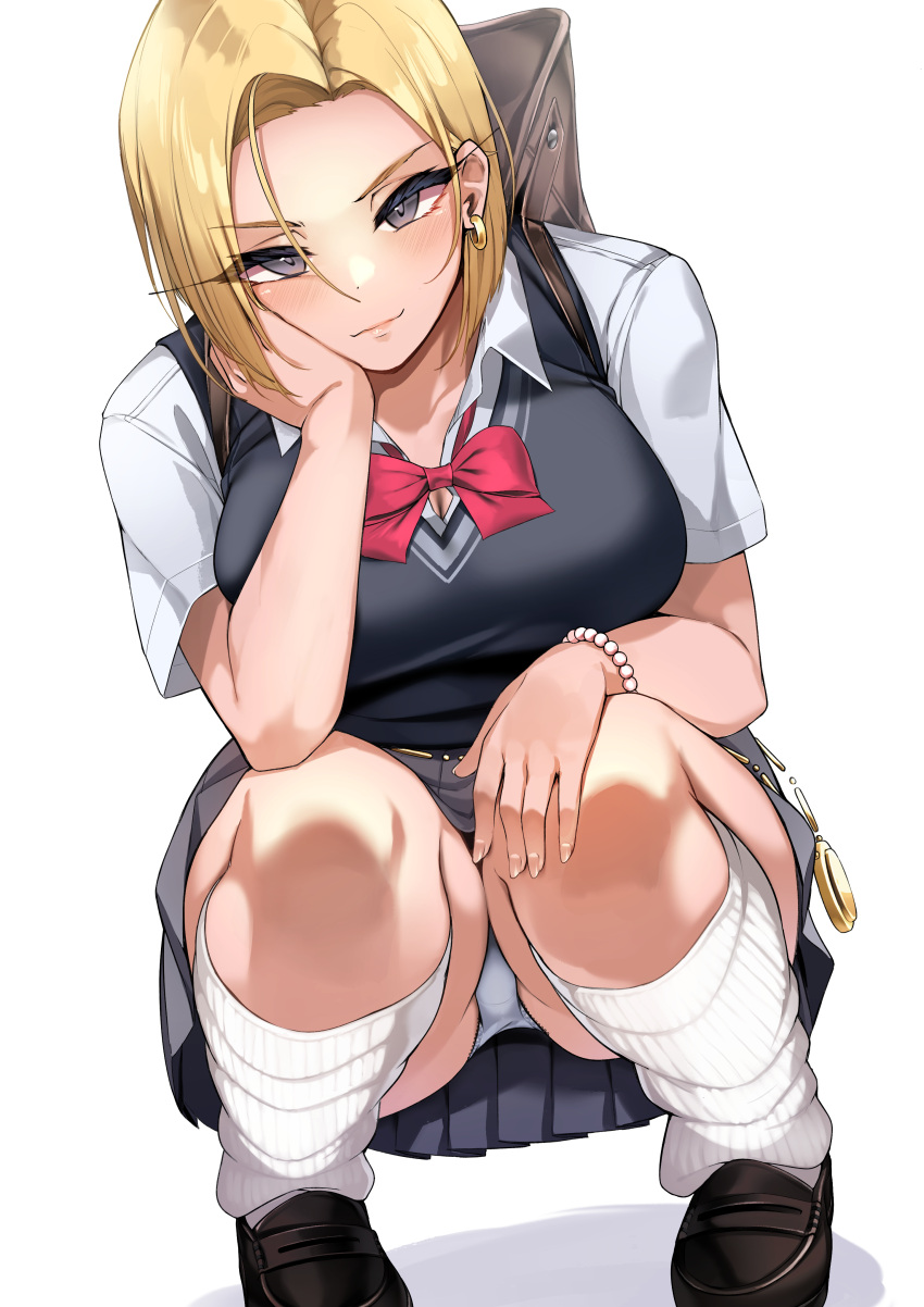 1girl, absurdres, android_18, bead_bracelet, beads, black_footwear, black_vest, blonde_hair