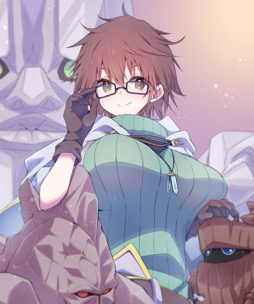1girl, 3others, adjusting_eyewear, aussa_the_earth_channeler, aussa_the_earth_charmer, bangs, belt, breast_rest
