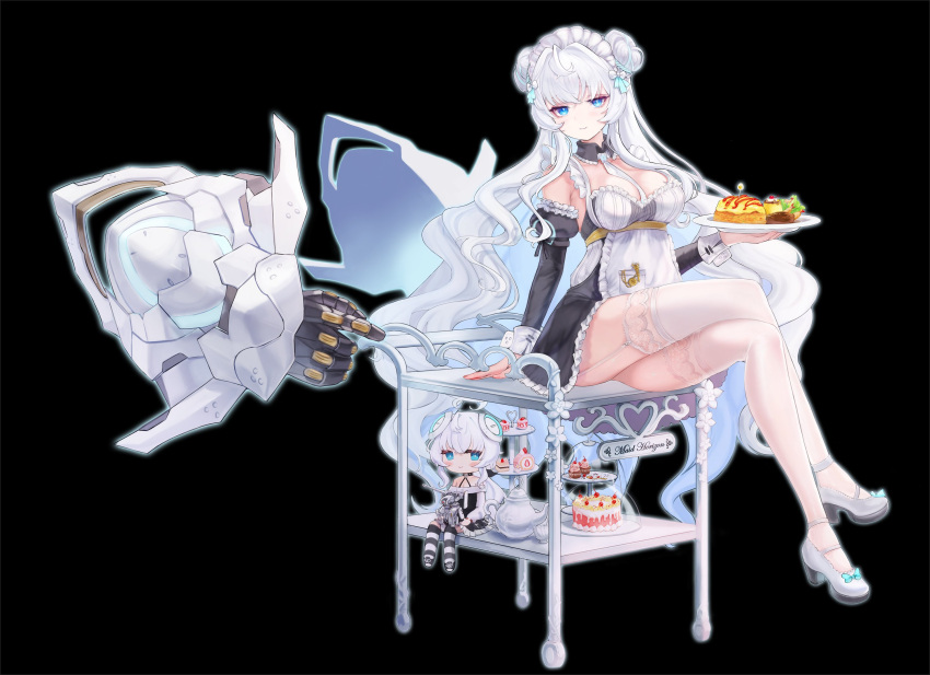 1girl, action_figure, alternate_costume, apron, arm_support, bangs, between_breasts, blue_eyes, blush_stickers, bow, braid, braided_bun, breasts, bright_pupils, cake, cake_slice, character_name, cherry, chibi, chibi_inset, cocktail_pick, collar, colored_inner_hair, commentary_request, counter:side, crossed_bangs, crossed_legs, crumbs, cup, cupcake, cursive, detached_collar, detached_sleeves, disembodied_limb, double_bun, dress, english_text, enmaided, eyebrows_behind_hair, food, food_art, footwear_bow, frilled_apron, frilled_collar, frilled_dress, frilled_sleeves, frills, fruit, furrowed_brow, garter_straps, glass, glowing, glowing_armor, glowing_hair, hair_bow, hair_intakes, hamburger_steak, head_tilt, headgear, heart, high_heels, highres, holding, holding_plate, horizon_(counter:side), jitome, ketchup, korean_commentary, lace-trimmed_legwear, lace_trim, large_breasts, lettuce, light_blue_hair, light_blush, long_hair, looking_at_viewer, low_neckline, maid, maid_apron, maid_headdress, mechanical_arms, mechanical_parts, multicolored_hair, necktie, necktie_between_breasts, o-ring, o-ring_top, off-shoulder_dress, off_shoulder, okosama_lunch, omurice, outline, plate, pocket, pudding, puffy_sleeves, serving_cart, serving_dome, shrimp, shrimp_tempura, sidelocks, sitting, sleeve_cuffs, sleeve_ribbon, smile, smiley_face, spiked_collar, spikes, strappy_heels, strawberry_cake, strawberry_shortcake, teacup, teapot, tempura, thigh-highs, thighs, tiered_tray, titan_(counter:side), transparent_background, tray, very_long_hair, wavy_hair, whipped_cream, white_footwear, white_legwear, white_necktie, white_pupils, z6i3dtjkrlasbgo