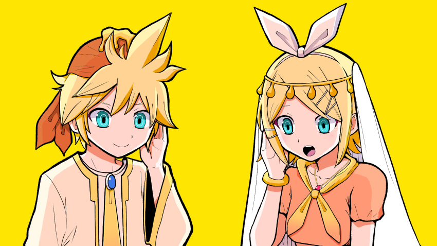 bangs, blonde_hair, bracelet, brother_and_sister, collarbone, commentary_request, cosmospice_(vocaloid), hair_ornament