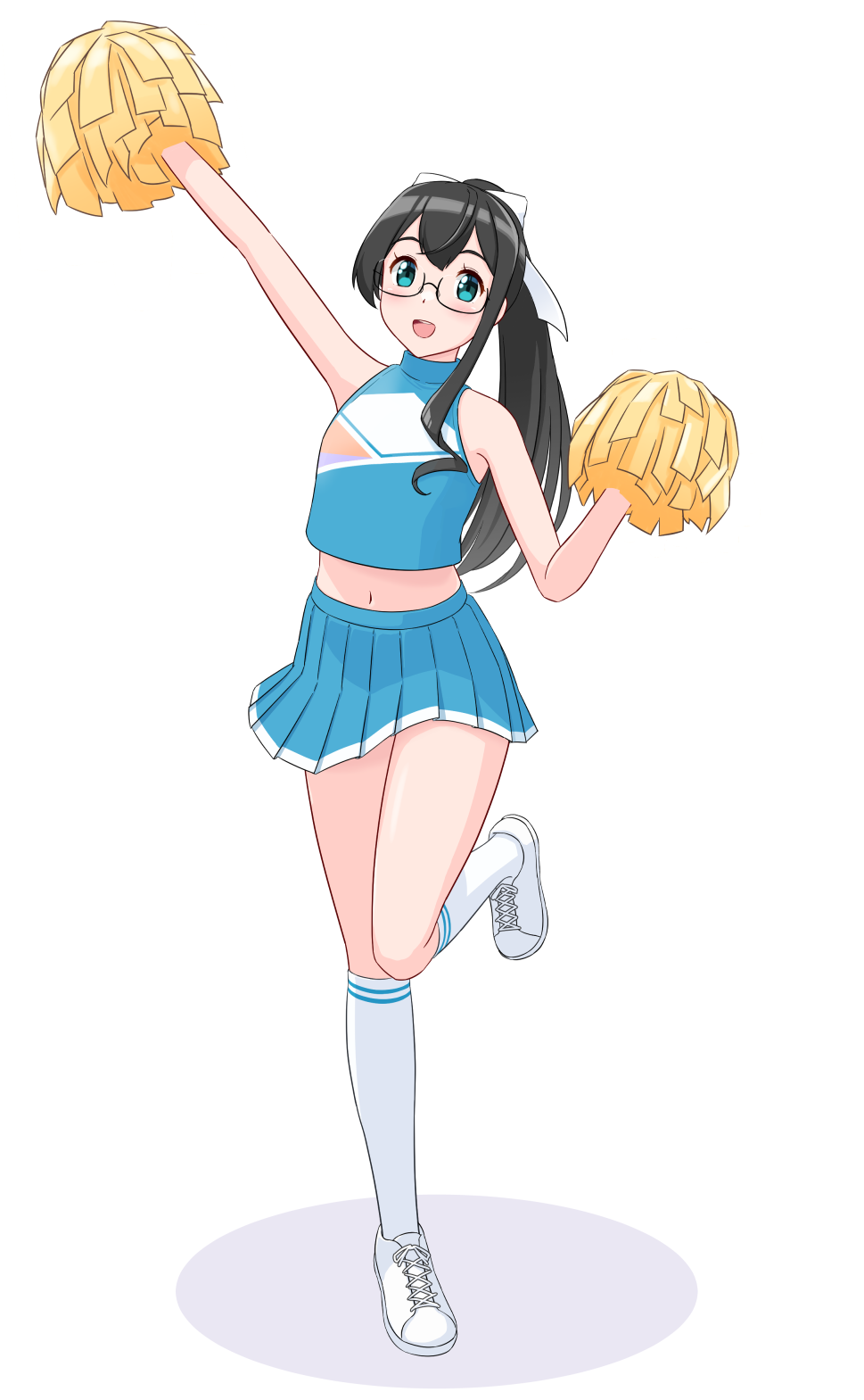 1girl, alternate_costume, alternate_hairstyle, arm_up, black_hair, blue_shirt, cheerleader, crop_top, geometrie, glasses, green_eyes, hair_ribbon, highres, holding, holding_pom_poms, kantai_collection, long_hair, looking_at_viewer, midriff, miniskirt, navel, ooyodo_(kancolle), pleated_skirt, pom_pom_(cheerleading), ponytail, ribbon, semi-rimless_eyewear, shirt, shoes, simple_background, skirt, sleeveless, sleeveless_shirt, smile, sneakers, solo, standing, standing_on_one_leg, under-rim_eyewear, white_background