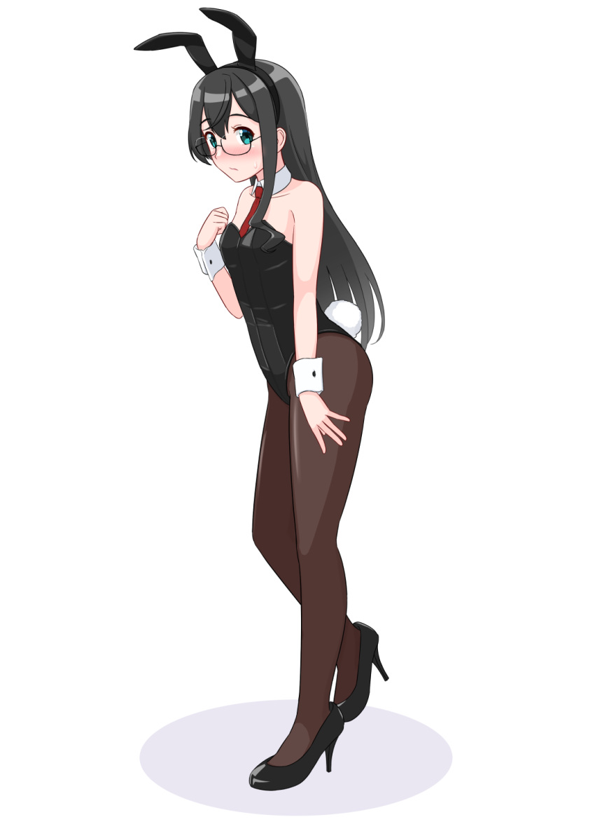 1girl, animal_ears, black_footwear, black_hair, black_leotard, blush, breasts, brown_legwear