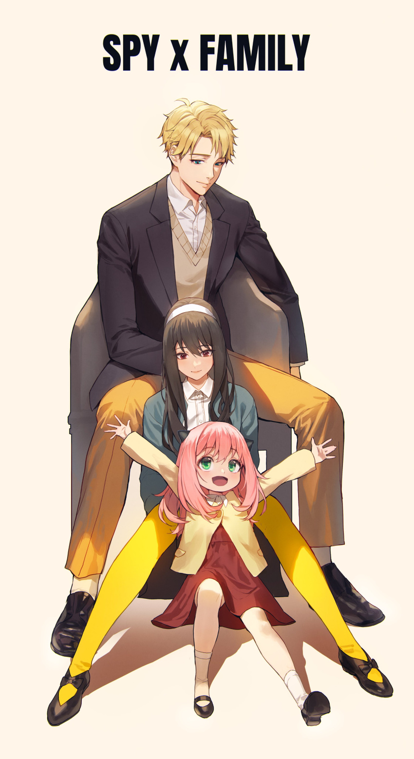 1boy, 2girls, :d, absurdres, anya_(spy_x_family), bangs, behind_another, black_footwear, black_hair, black_jacket, blonde_hair, blue_eyes, blue_jacket, bob_cut, brown_sweater_vest, closed_mouth, collared_jacket, collared_shirt, dress, eyebrows_visible_through_hair, family, full_body, green_eyes, hairband, highres, horn_ornament, horns, jacket, light_smile, long_sleeves, looking_at_another, multiple_girls, on_chair, on_floor, open_clothes, open_jacket, open_mouth, osuti, outstretched_arms, pants, pantyhose, pink_hair, red_dress, red_eyes, shirt, simple_background, sitting, smile, spread_arms, spy_x_family, sweater_vest, twilight_(spy_x_family), v_legs, white_background, white_hairband, white_legwear, yellow_jacket, yellow_legwear, yellow_pants, yor_briar