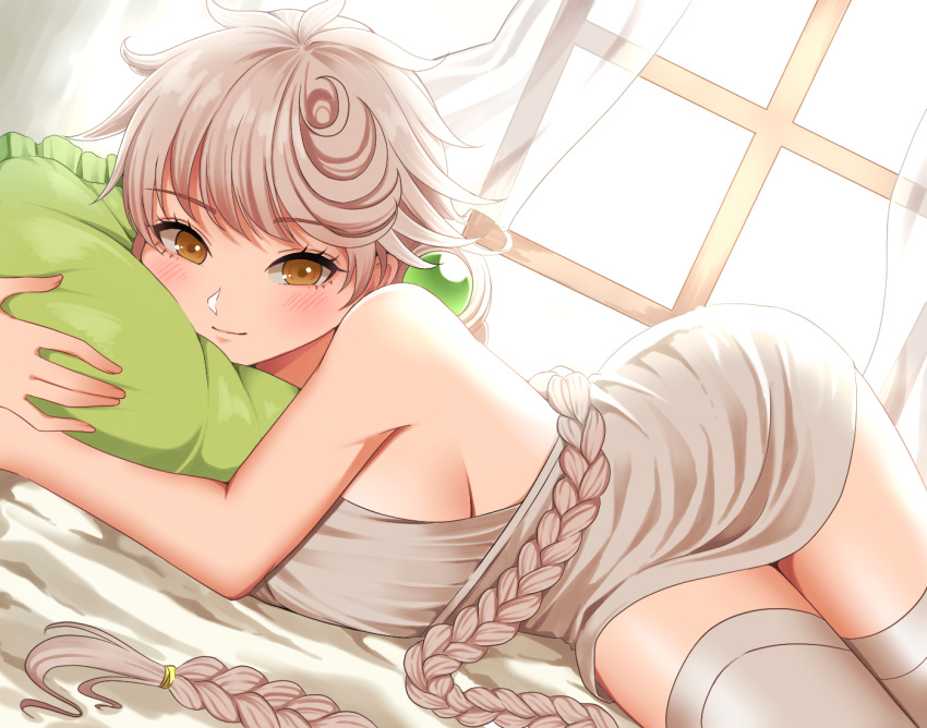 1girl, alternate_costume, bangs, bed, blush, braid, breasts, brown_eyes