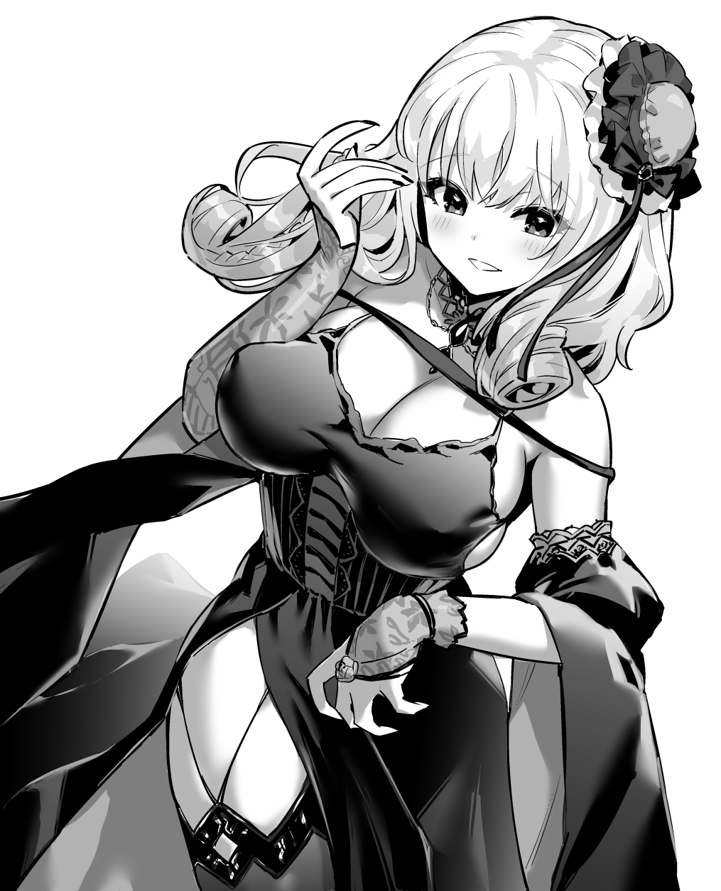 1girl, azur_lane, azur_lane:_slow_ahead, blush, breasts, curly_hair, detached_sleeves, dress