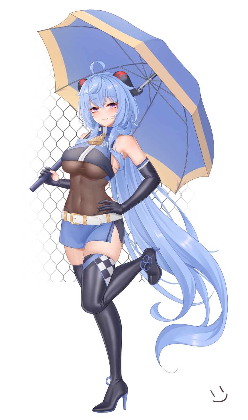 1girl, ahoge, alternate_costume, bangs, bare_shoulders, bell, black_footwear, black_gloves